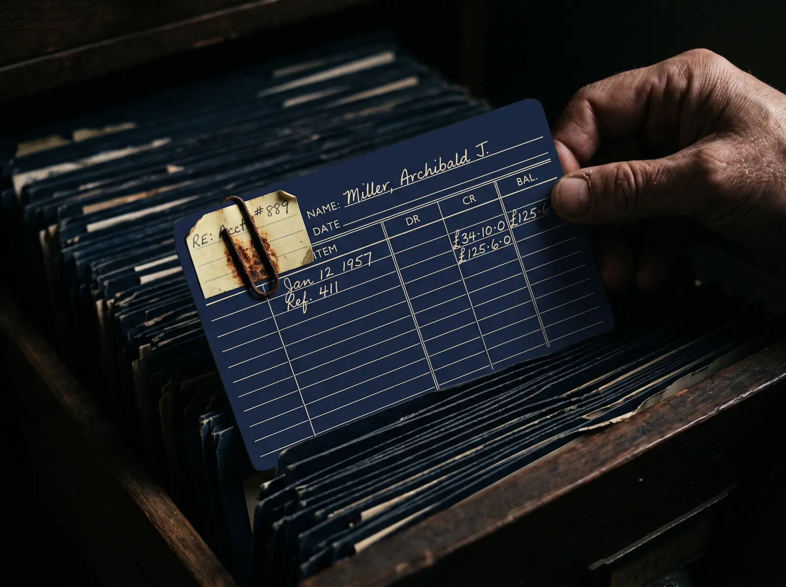 Still life: a single navy ledger card lifted from a disordered stack of identical cards, held by a rusted paperclip