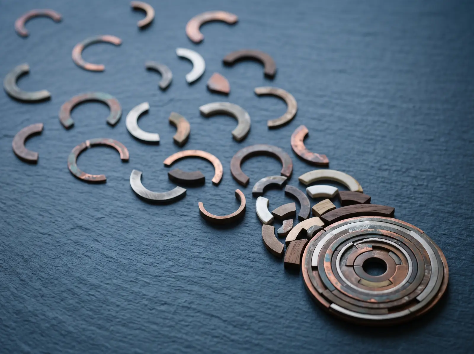 Still life of scattered metal circle fragments assembling into one whole layered disc on dark blue slate