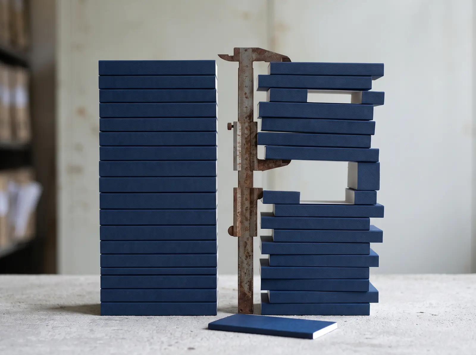 Still life of two stacks of navy blocks, one orderly and one drifting apart, measured by a rusted caliper