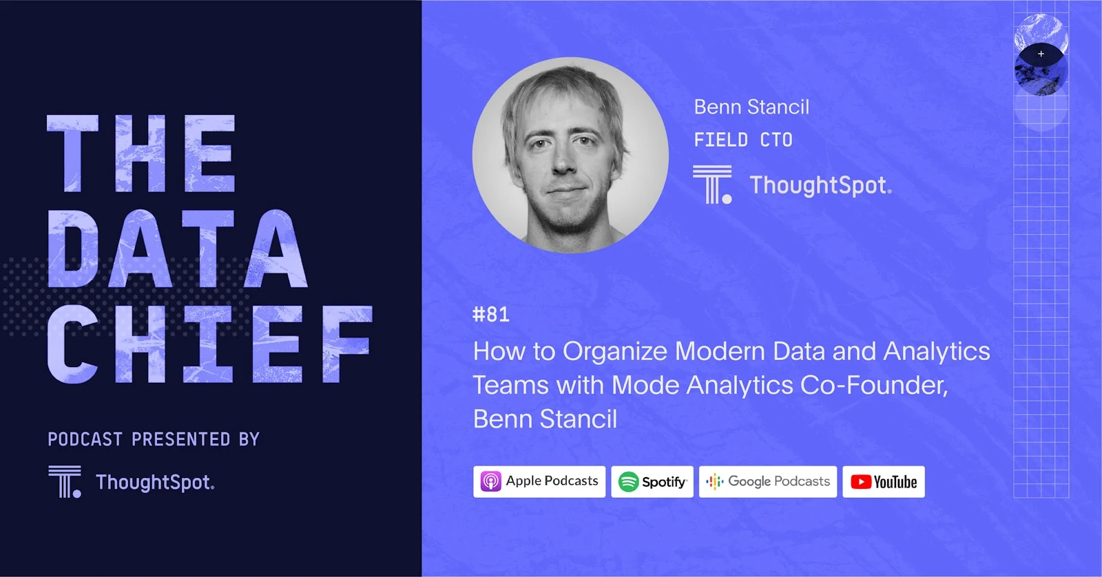 Podcast episode card: The Data Chief episode 81, with Benn Stancil, Field CTO at ThoughtSpot, on organizing modern data and analytics teams